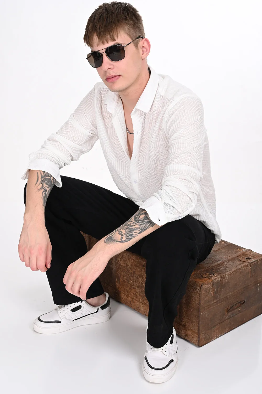 White Textured Regular Fit Shirt