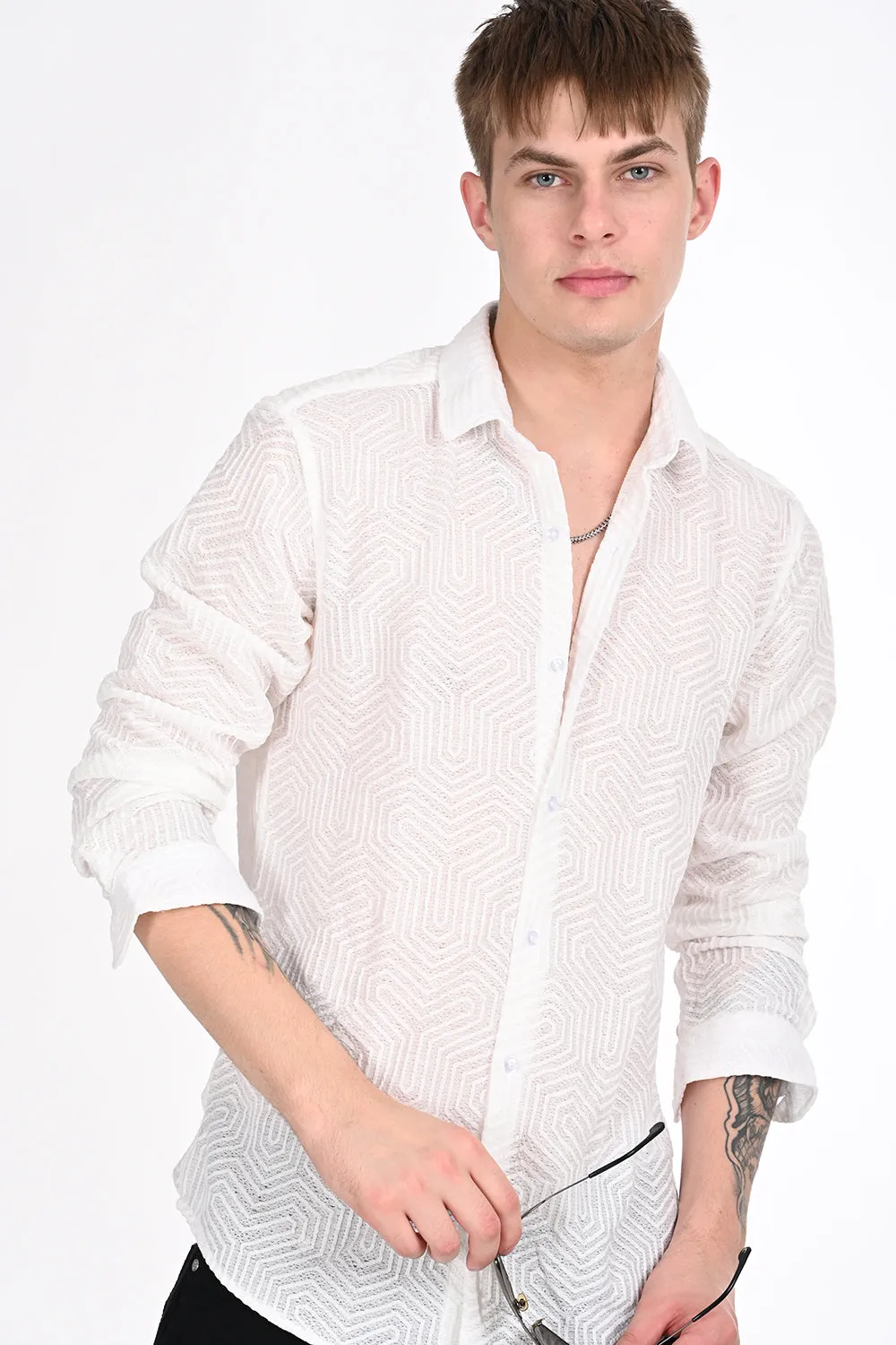 White Textured Regular Fit Shirt