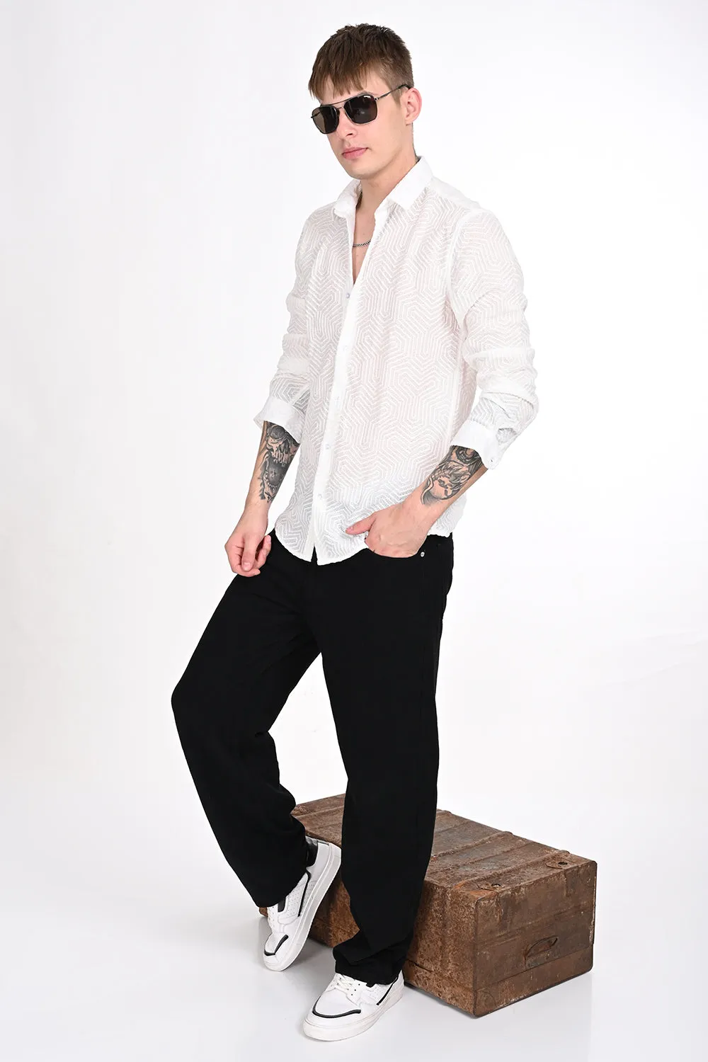 White Textured Regular Fit Shirt