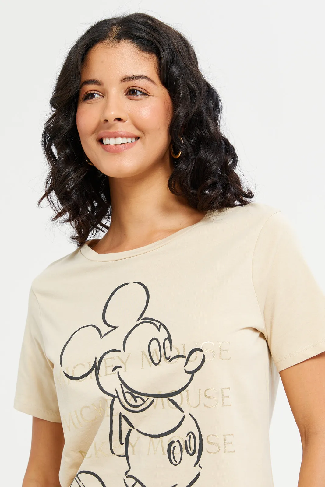 Women Beige Mickey Mouse Printed T-Shirt