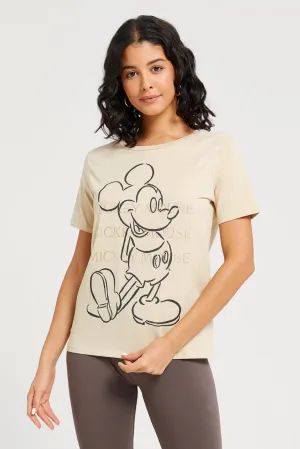 Women Beige Mickey Mouse Printed T-Shirt